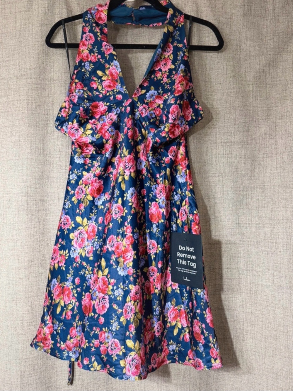 Lulu’s Mayar Dark Blue Floral Satin Cross-Front Halter Mini Dress